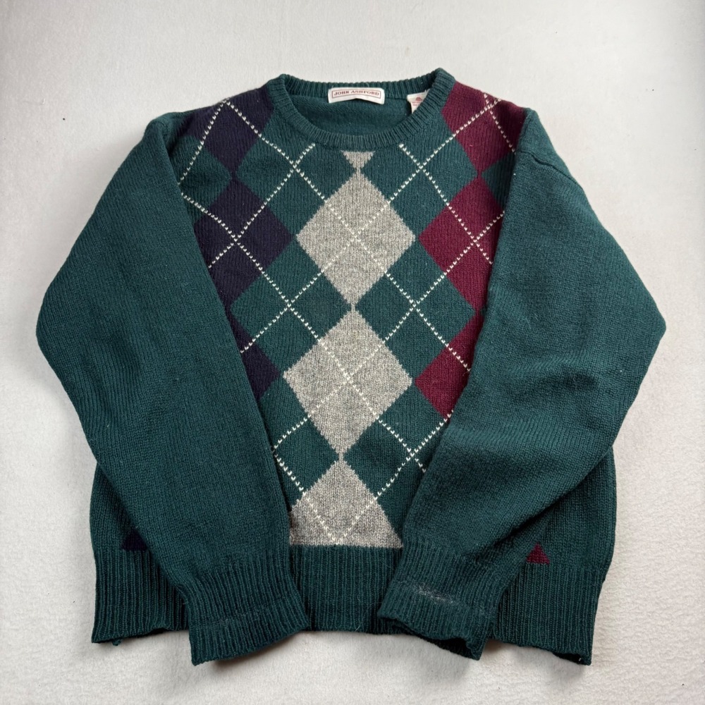 John Ashford Mens Shetland Wool Argyle Sweater Green Crewneck Vintage Large